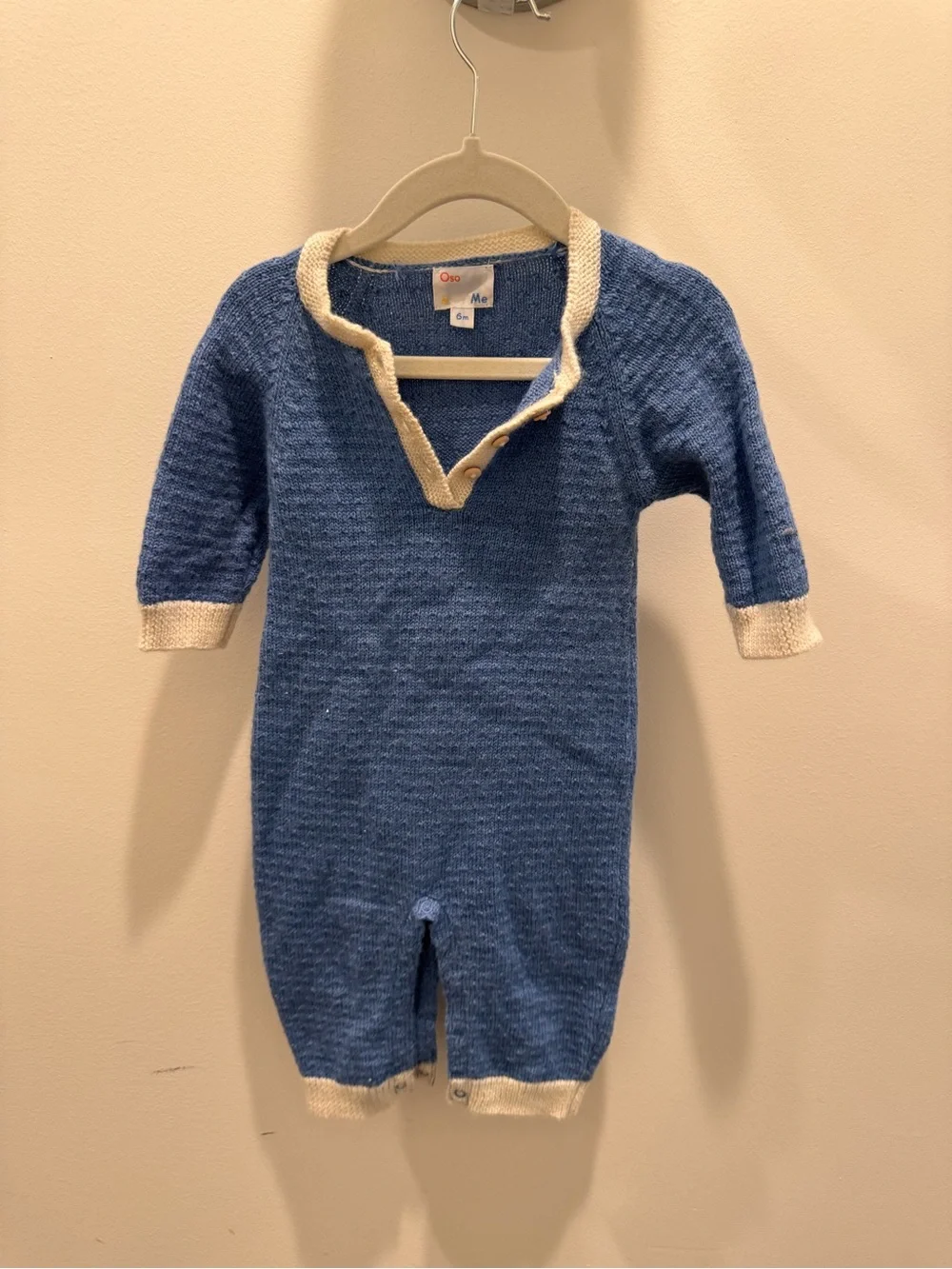 Oso & Me Archie Jumpsuit Soft Knit Blue One-Piece Romper with Ivory Trim 6m